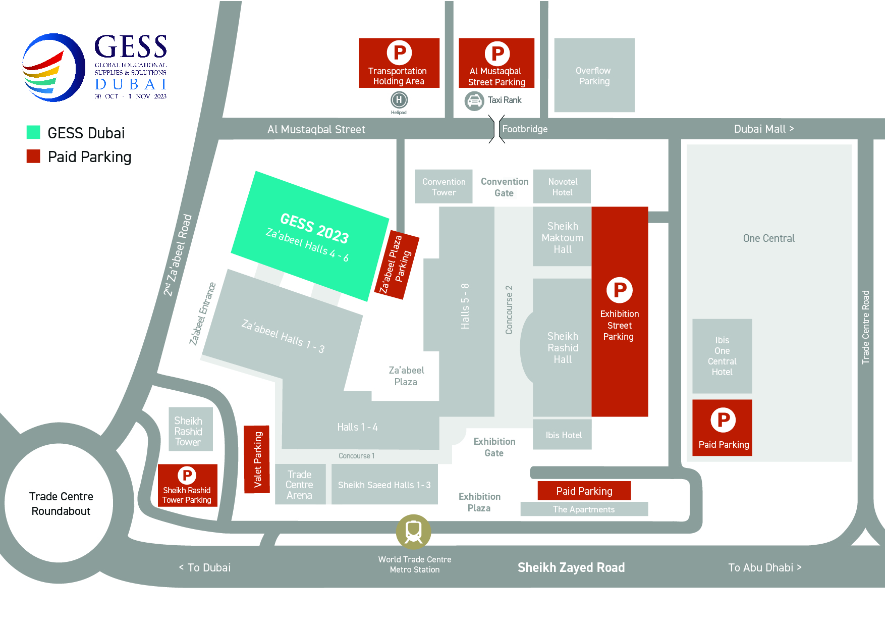 Parking and transportation map to GESS Dubai 